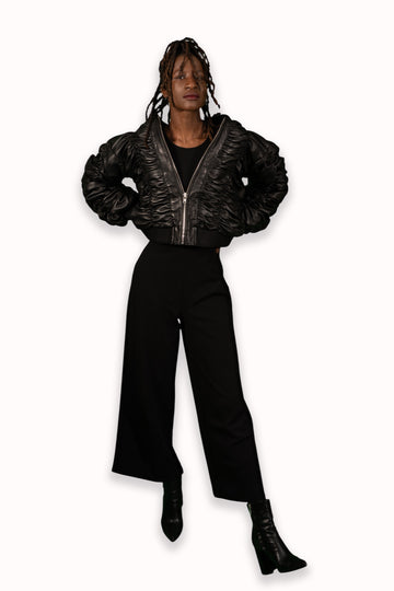 Ruched Lambskin Leather Bomber Jacket